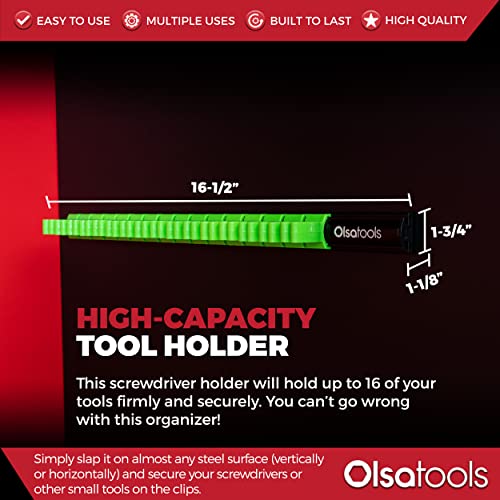 Olsa Tools Magnetic Screwdriver Organizer | Professional Quality Tool Organizer | Fits up to 16 Screwdrivers | Black and Green