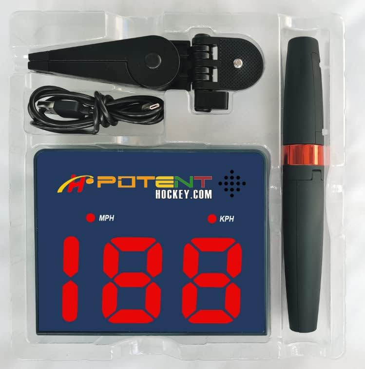 Potent Speed Radar Gun 2.0 - App-Enabled Hockey Shot Speed Tracker with USB Rechargeable Battery & Adjustable Angles