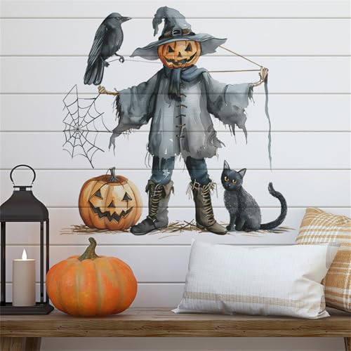 2 Sheets Halloween Wall Stickers Pumpkin Scarecrow Crow Black Cat Spider Wall Decals,Peel and Stick Vinyl Wall Decor for Halloween Party Decoration Festive Atmosphere(23.6"x11.8"Each)