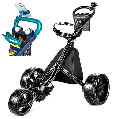 3-Wheel Golf Push Cart with 360° Phone Holder - Black