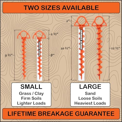 Heavy Duty Ground Anchors - Large Orange Screw-In Tent Stakes for High Wind & Sand, 2 Pack