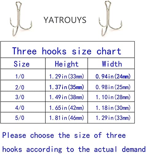 Yatrouys 50pcs Treble Hooks 1/0-5/0 High Carbon Steel Silvery Nickel Coated
