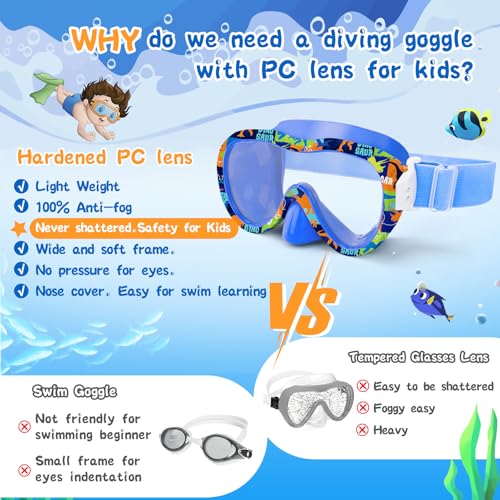 WAVE Kids Dinosaur Blue Swim Goggles with Panoramic Mask, Anti-Fog & UV Protection