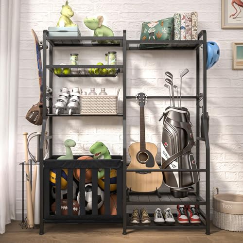 Heavy Duty Sports Equipment Organizer with Storage Bins & Hooks