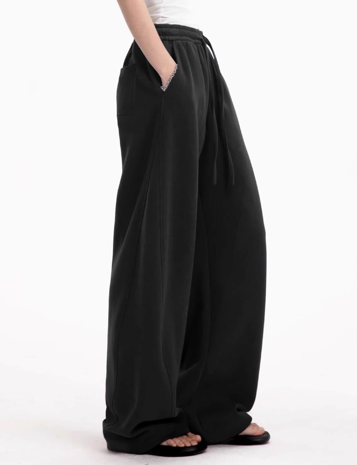 FACDIBY Women's Fleece Lined Barrel Sweatpants Baggy Casual Wide Leg Pants Drawstring Athletic High Waisted Lounge Sweats with Pockets Black S