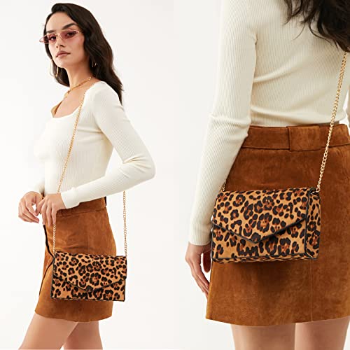 HOXIS Brown Leopard Print Envelope Evening Clutch with Chain