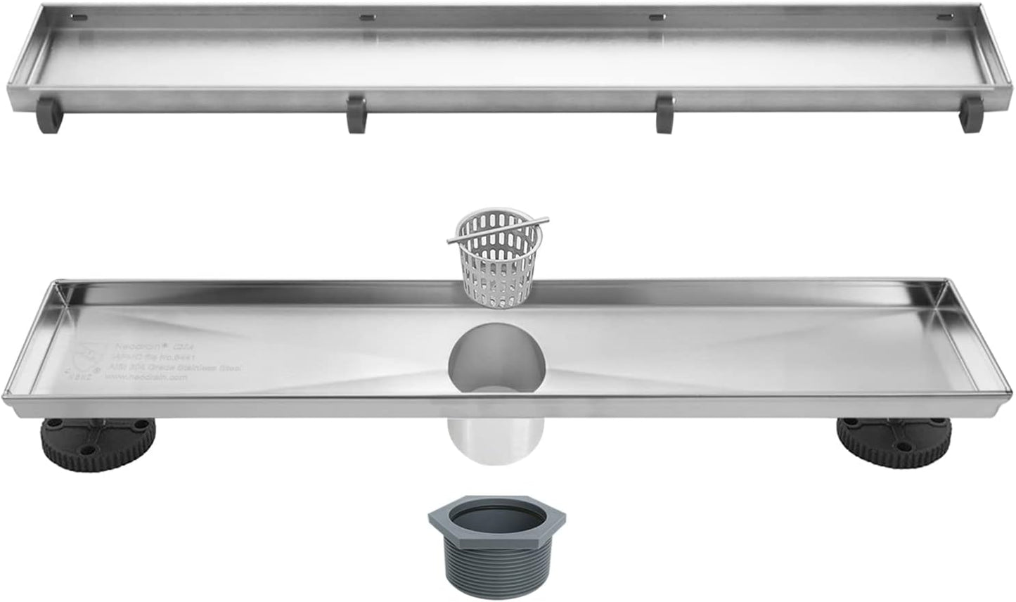 Neodrain 18-Inch Gold Linear Shower Drain - Brushed Brass, Tile Insert Cover & Hair Strainer