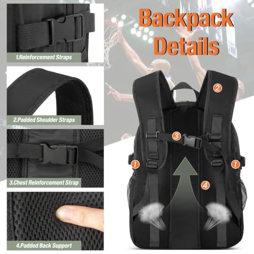 OCKLILY Large Sports Equipment Backpack with Ball & Shoe Compartments - Black, 30L