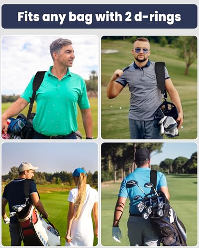 Padded Golf Bag Strap - Adjustable Thick Pad - Full Black With 2 Clips