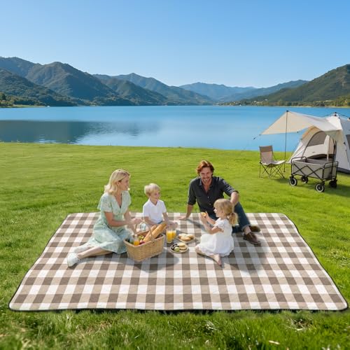 Extra Large Waterproof Picnic & Beach Blanket 80''x118'' Beige - Thick Padding, Portable & Easy to Clean