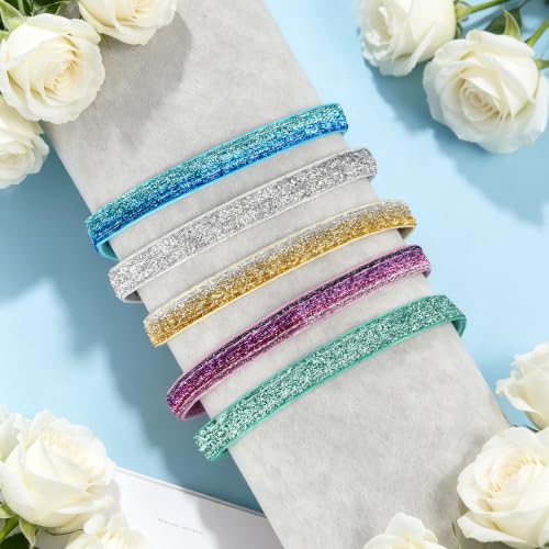 Glitter Running Headbands - 5 Pcs Set in Silver, Yellow, Blue, Green, Purple