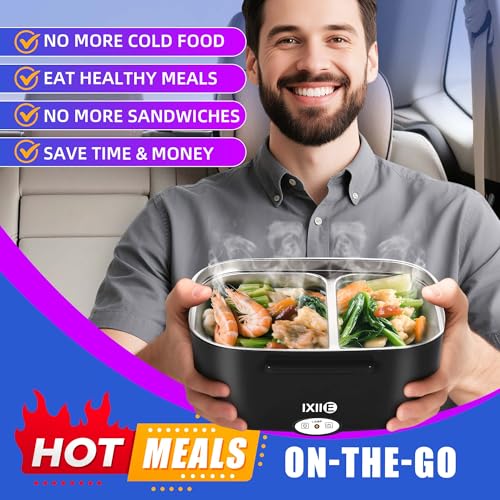 IXIIE 1.5L Black Electric Lunch Box with Dual Stainless Steel Compartments