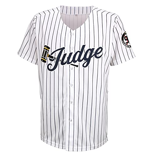 Men's Medium White 99 Baseball Jersey with Embroidered Patches & Navy Stripes