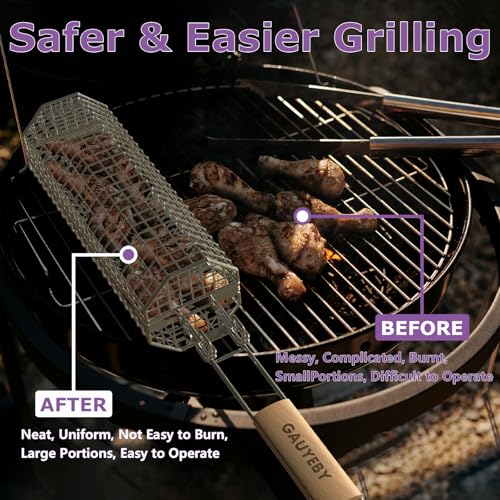 GAUYEBY 2PCS Rolling Grill Basket Set with Removable Handles, Octagon & Round Stainless Steel BBQ Nets for Meat, Shrimp, Vegetables