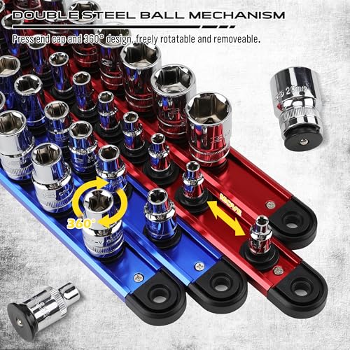 Magnetic Socket Holder Organizer Set: 6-Piece Detachable 1/4, 3/8, 1/2 Socket Trays Socket Organizer for Tool Box Drawer Holds 80-Piece Standard Size Sockets for Automotive Mechanic Garage(Red Blue)