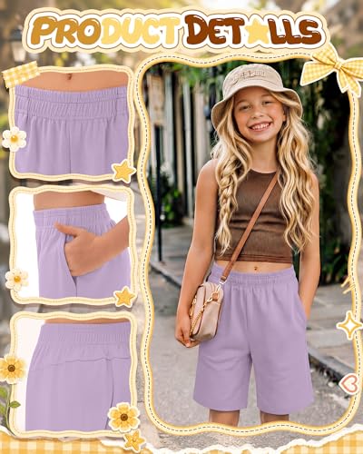 Girls' Athletic Bermuda Shorts - Wide Leg Casual Kids Summer Wear - Light Purple