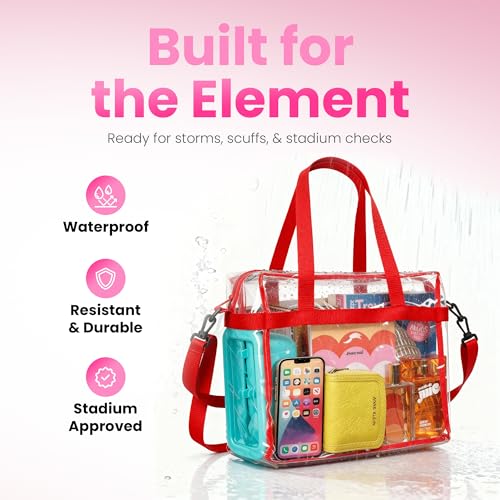 Clear Stadium Approved Tote Bag with Zipper Strap - Red