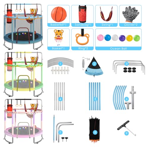 Kids Trampoline with Safety Net & Adjustable Bar - 55" Blue