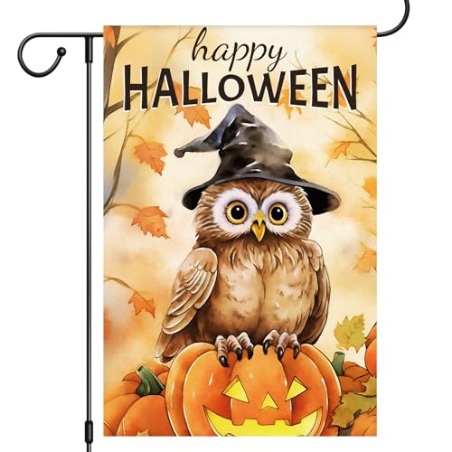 Happy Halloween Garden Flag 12x18 Inch Double-Sided Burlap Pumpkin Owl Yard Sign