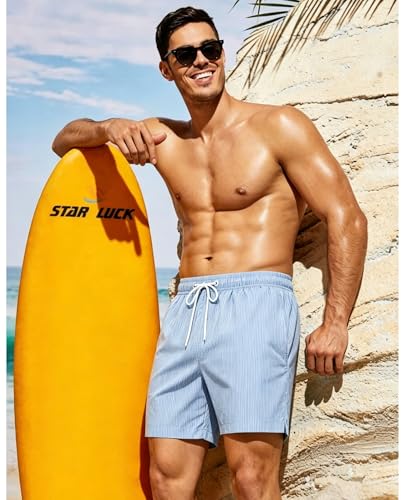 CoozySphere Men's Seersucker Swim Shorts 5 Inch Blue White Stripe Quick Dry Beach Trunks with Pockets