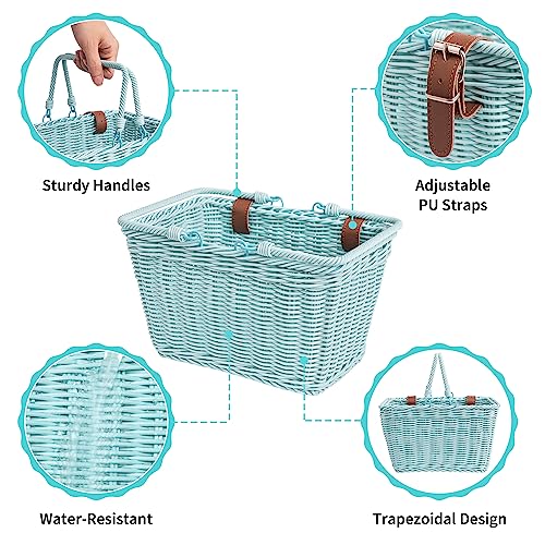 Kids Bike Basket - Light Blue Wicker Basket with Adjustable Straps
