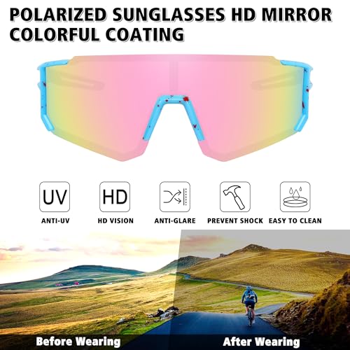 STORYCOAST Polarized Sports Sunglasses Blue Frame-Pink, 73mm Unisex Cycling & Running Eyewear