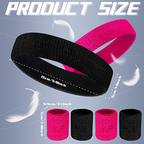 6 Pcs Sweatband Set - Sports Headbands & Wristbands - Rose Pink + Black