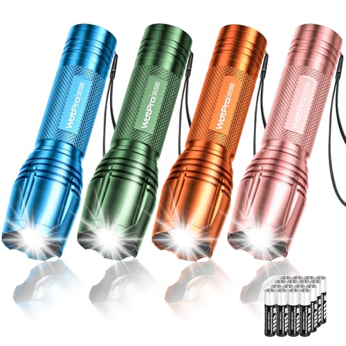 WdtPro LED Flashlight High Lumens SR2000 Pro, 4 Pack Brighter Tactical Flashlights with 5 Modes & Zoomable, Powerful Mini Flash Light for Emergency, Camping, Hiking (Colorful)