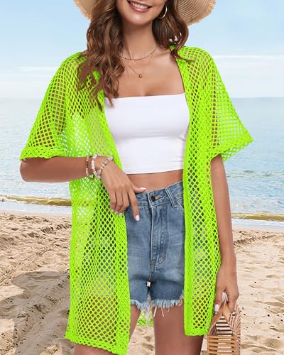 CHICGAL Women Crochet Beach Cover Up Kimono Cardigan Neon Green Small