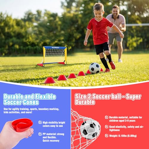 Kids Soccer Goal Set - 2 Pack Portable Pop Up Nets with Ball & Cones - Red, Yellow, Blue
