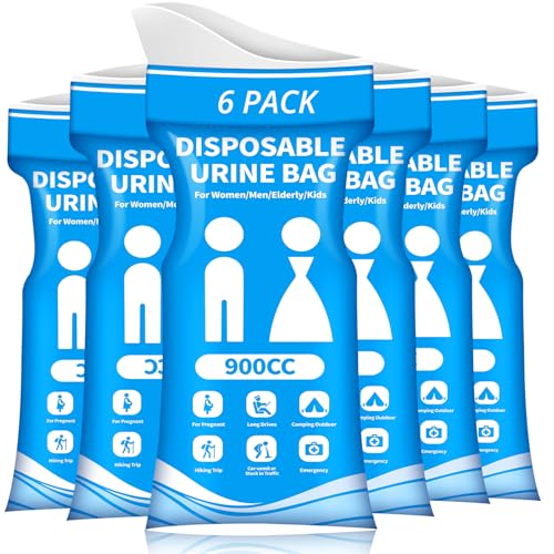 900ML Disposable Urine Bags - Travel Pee Bags for Emergency Use (6-Pack, Blue)