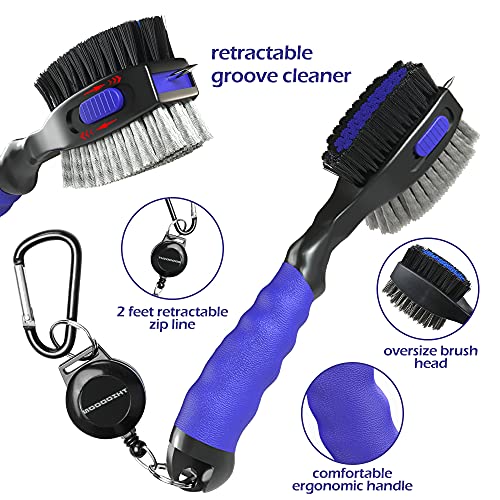 Golf Club Cleaner Brush Set - 2 Pack with Retractable Carabiner - Black & Blue
