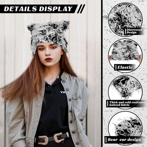 Chuarry Distressed Knitted Cat Ear Beanie Y2K Winter Hat for Women Men - Black & White