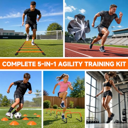 20ft Agility Ladder Training Set with Hurdles, Cones & Parachute
