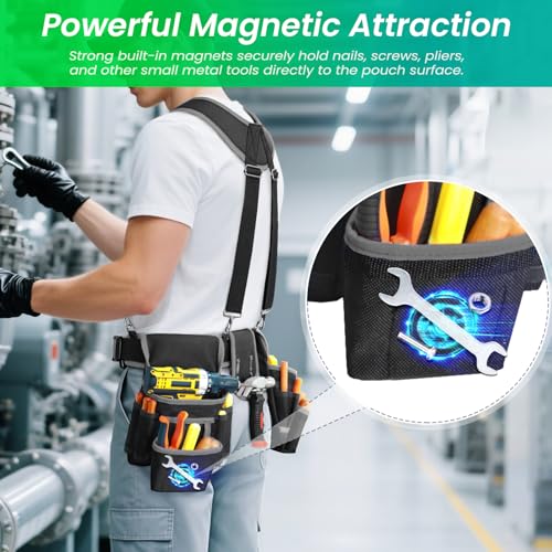Tool Belt With Suspenders, Heavy Duty Magnetic Tool Belts for Men with 18 Pockets, Tool Belt with Adjustable 32 to 66 Inches Detachable Waist for Electricians, Carpenters, Framers, Black-Grey