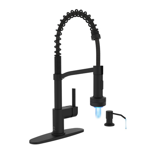 Casavilla Black Kitchen Faucet with Soap Dispenser, Faucet with Light, Faucet for Camper Farmhouse RV Kitchen Sink, Single Handle Stainless Steel Kitchen Sink Faucets with Pull Down Sprayer