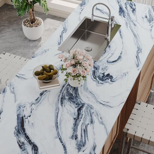 VaryPaper 15.7''x78.7'' Navy Blue and White Marble Wallpaper Peel and Stick Countertops Waterproof Marble Contact Paper for Table Desk Counter Top Vinyl Wrap Removable Granite Wall Paper for Kitchen