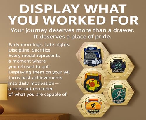 Wooden Hex Medal Holder - Honeycomb Bamboo Wall Display - 6 PCS