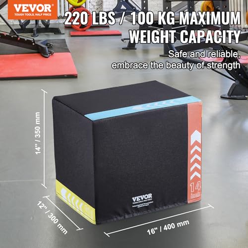 Plyometric Jump Box - 3 Adjustable Heights, 16"x14"x12" - Black