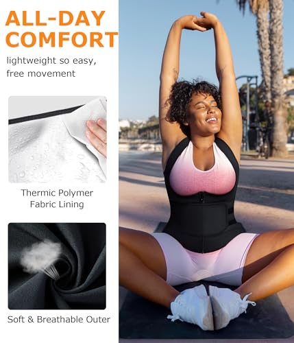 Sauna Sweat Suit for Women - Waist Trainer Body Shaper Shirt - Medium Black Silver Inner