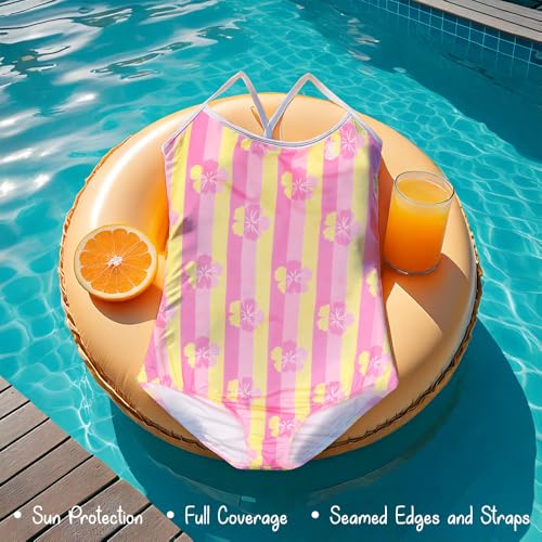 Girls One-Piece Swimsuit - Tropical Print, Quick-Drying - Pink/Yellow