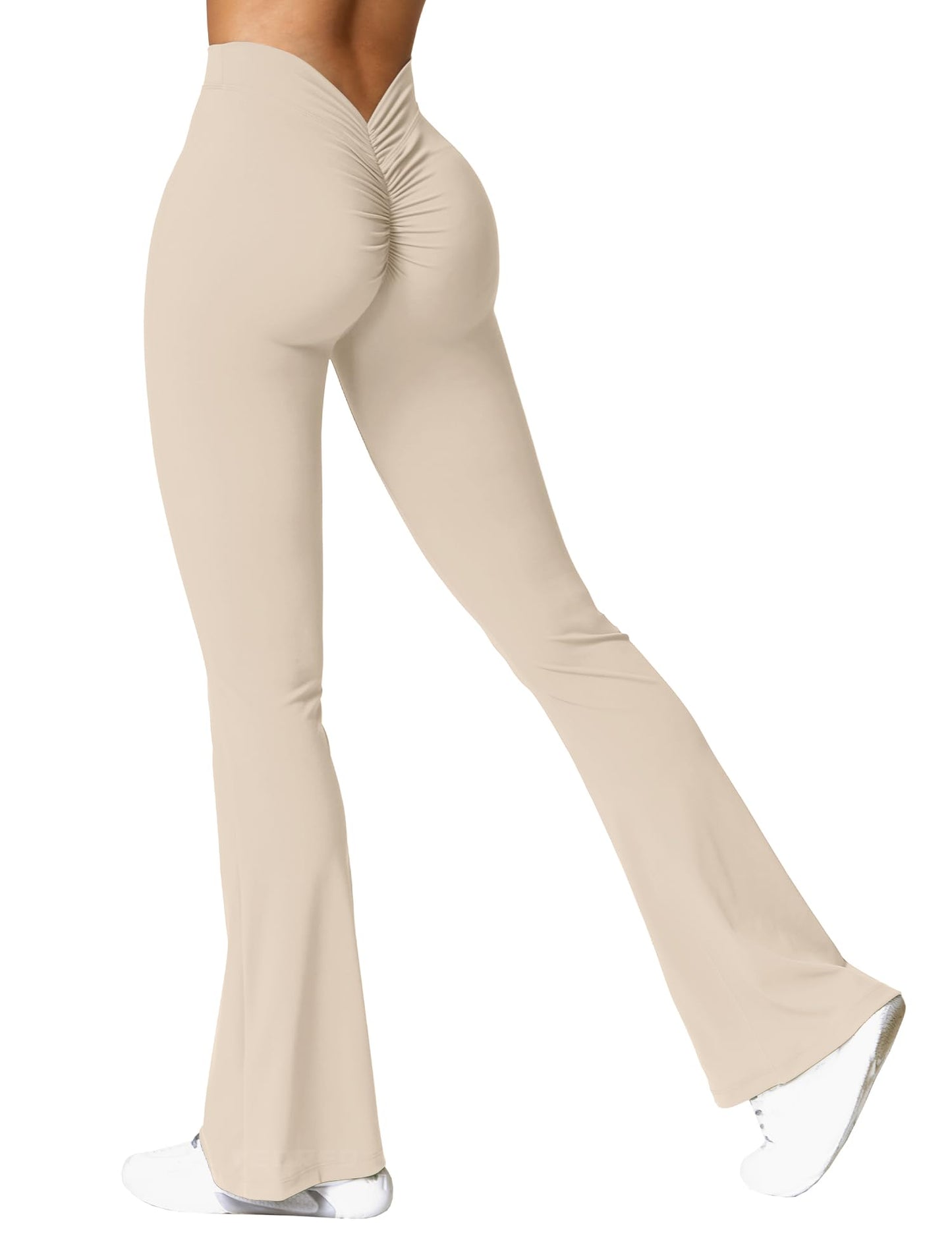 YEOREO Boost Flare Leggings V Back Scrunch Butt Lifting High Waist 31.5" Gym Workout Yoga Pants Light Khaki S