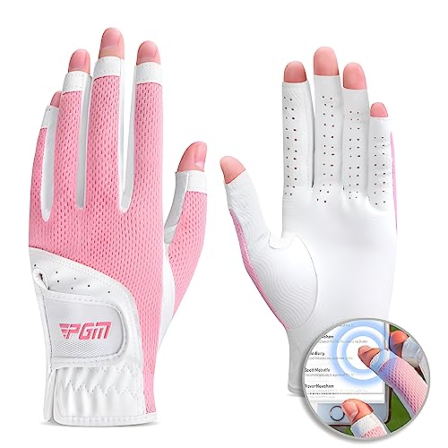 PGM Women's Golf Glove One Pair - White Pink, Open-Finger, Breathable Mesh, Improved Grip, X-Small