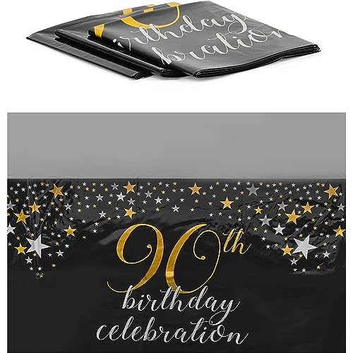 Sparkle and Bash 3 Pack Happy 90th Birthday Tablecloth, Disposable Plastic Cover (54 x 108 in) - Cheers to 90 Years Party Supplies