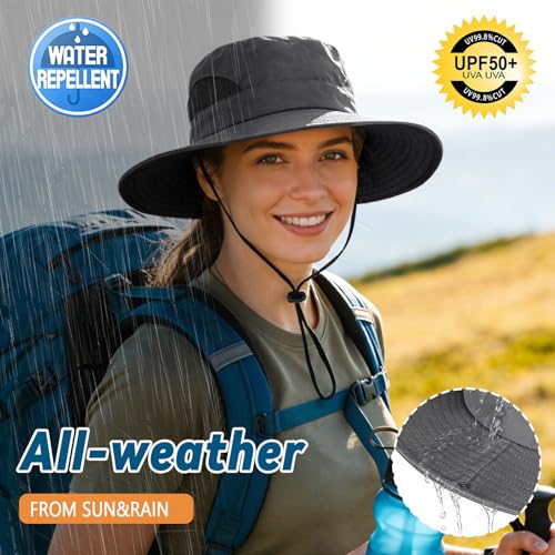 ZOORON 2-Pack Men's & Women's Wide Brim Sun Hats UPF50+ Waterproof Boonie - Light & Dark Gray, 6 3/4-6 7/8