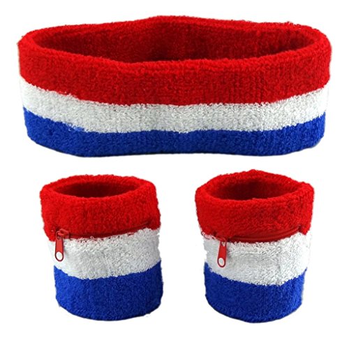 3-Piece Sweatband Set with Zipper Wrist Wallets - USA Pattern