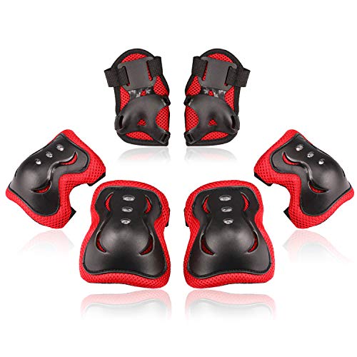 Kids Protective Gear Set - Knee Pads, Elbow Pads & Wrist Guards - Black/Red, Small (3-8 Years)