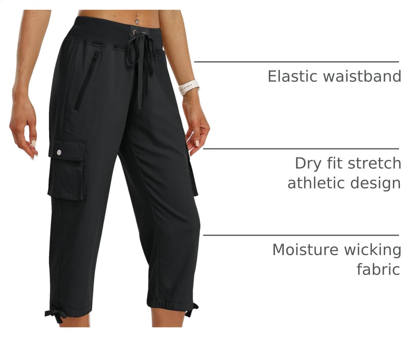 MoFiz Women's Cargo Capris Pants Loose Fit Casual Hiking Pants Lightweight Quick Dry Travel Summer Pants for Women Black M