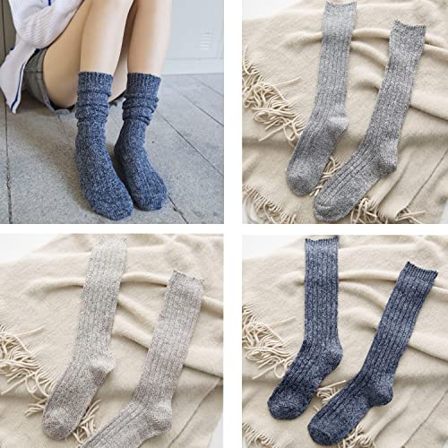 3 Pairs Women's Winter Wool Knee High Boot Socks - Beige/Blue/Grey