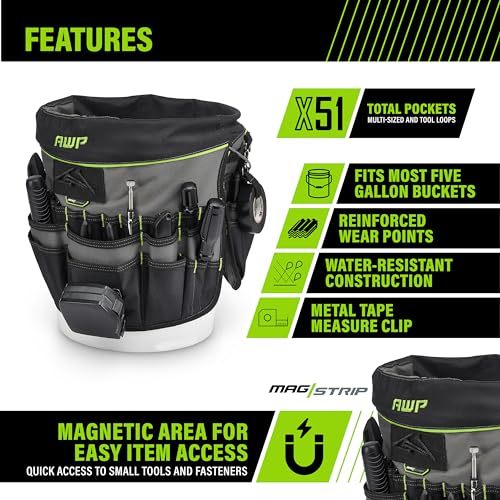 AWP Bucket Tool Organizer 51-Pocket for 5-Gallon Buckets, Water-Resistant Heavy-Duty Utility Tool Bag with Pockets for Tools, Screwdrivers, and Electrical Accessories, 1L-22051-1